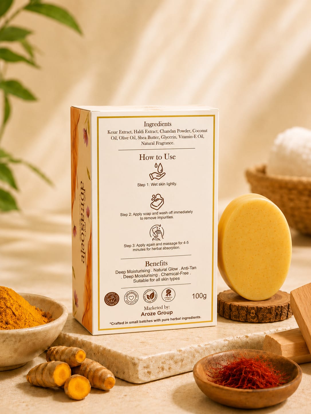 Ayurvedic herbal soap with Saffron Turmeric Sandalwood for skin brightening